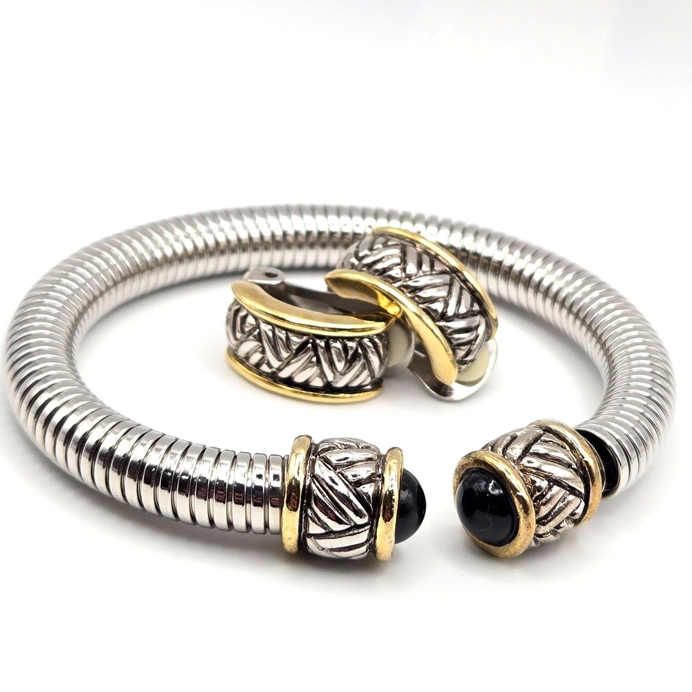 Two Tone Silver Gold Black Accent Coil‎ Cuff Bracelet & Clip On Earrings Set